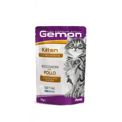 GEMON Kitten, Pui, plic hrană umedă fără cereale pisici junior, (în aspic), 100g
