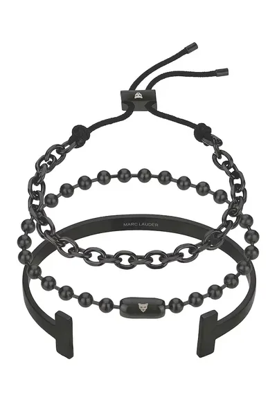 Set de bratari din otel inoxidabil cu insertii din piele - 3 piese - Negru