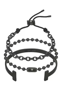 Set de bratari din otel inoxidabil cu insertii din piele - 3 piese - Negru