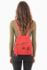 Rucsac handmade bordeaux din piele naturala intoarsa ,cu pisicute haioase