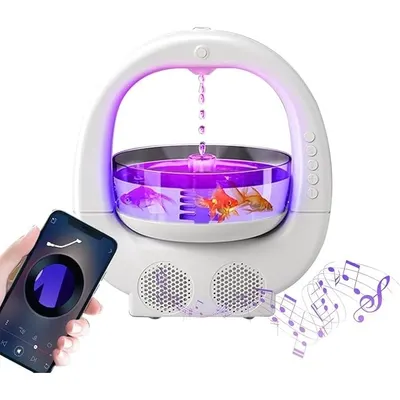 Umidificator RGB cu boxa Bluetooth cu bol pentru pesti, Alb, 700 ml