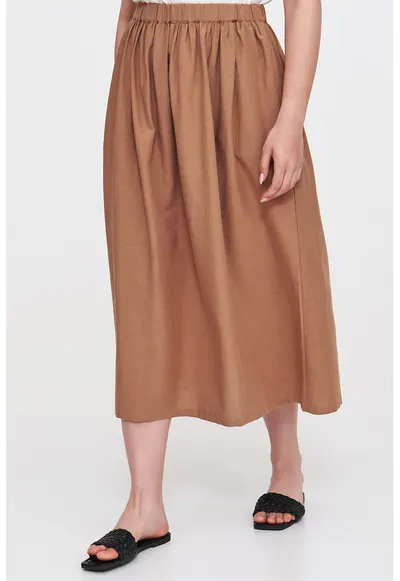 Fusta din amestec de in cu talie elastica - Maro camel
