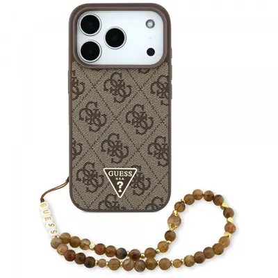 Husa MagSafe pentru Apple iPhone 17 Pro, Guess, 4G Triangle Logo with Pearl Strap, Maro