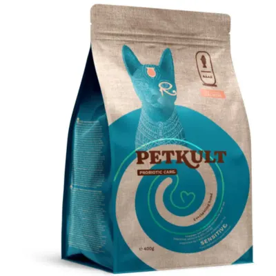 PETKULT Probiotic Care Sensitive, Somon și Curcan, hrană uscată fără cereale pisici, sistem digestiv, 400g