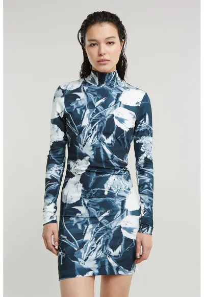 Rochie cambrata mini cu imprimeu si guler inalt - Alb/Albastru petrol