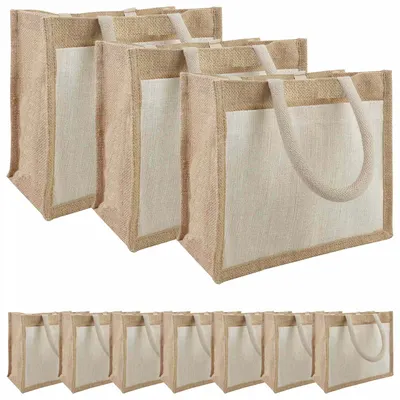 vidaXL Purse din iută cu buzunar 10 Natural și Alb 26 x 22 x 14 cm