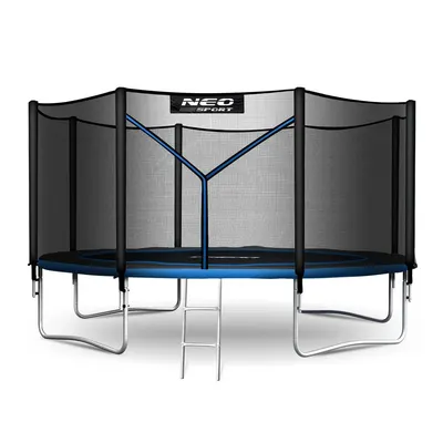 Trambulina de gradina pentru copii Neo-Sport Albastru 374cm 12FT cu Scara si Plasa de siguranta, Stalpi metalici cu protectie din burete, Intrare cu fermoar , Covoras impermeabil flexibil