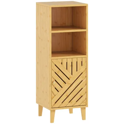 HOMCOM Dulap de baie, corp de depozitare cu 1 dulap, 2 compartimente deschise, 32 x 30 x 90 cm, efect lemn natural | Aosom Romania