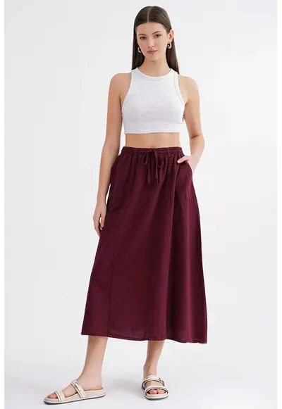 Fusta cu talie inalta - detaliu snur - rosu burgund - textil
