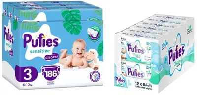 Scutece pentru bebeluși Pufies Sensitive - Midi, mărimea 3, 186 buc, 6-10 kg + șervețele umede, 12 x 64 buc