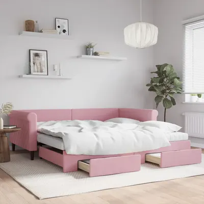 Gossi pat de zi cu extensie si sertare, roz, 100x200 cm, catifea