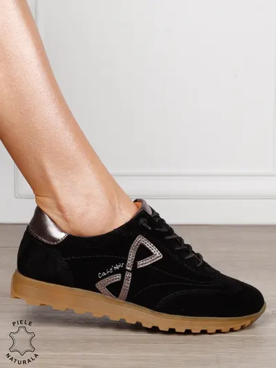 Pantofi Casual Damă din Piele Naturală Întoarsă cu Accente Elegante și Șiret CRL1804 NEGRU