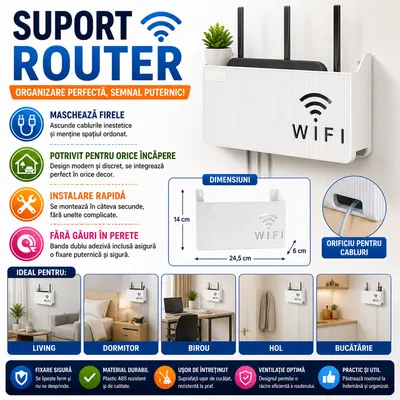 Raft Suport Router Wireless 245x140x60 mm, pentru mascare fire si echipament WI-FI, posibilitate montare pe perete