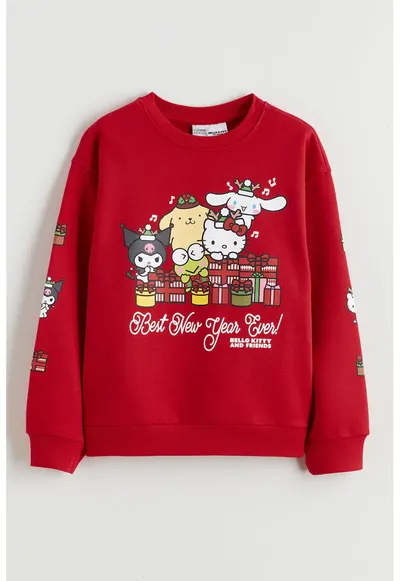 Bluza de trening cu croiala lejera si imprimeu Hello Kitty si Friends - Rosu/Alb/Galben