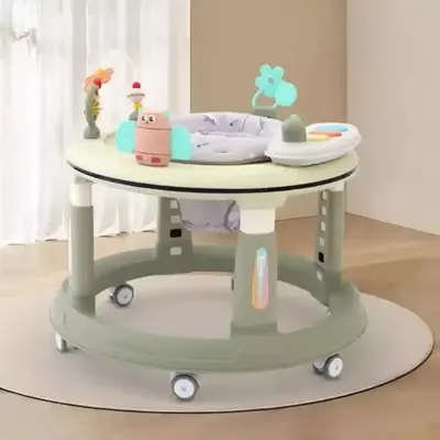Premergator bebelusi Little Mom Activity Green, pliabil, educational, cu panou interactiv, sezut rotativ 360 grade, roti pivotante silentioase, dimensiune 68 x 68 x 50 cm