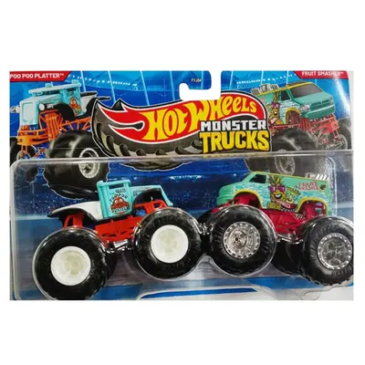 Set 2 masinute Monster Truck, Hot Wheels, Poo Poo Platter si Fruit Smasher, JLV89