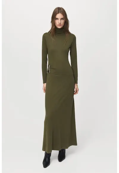 Rochie maxi cu guler inalt - Kaki pal