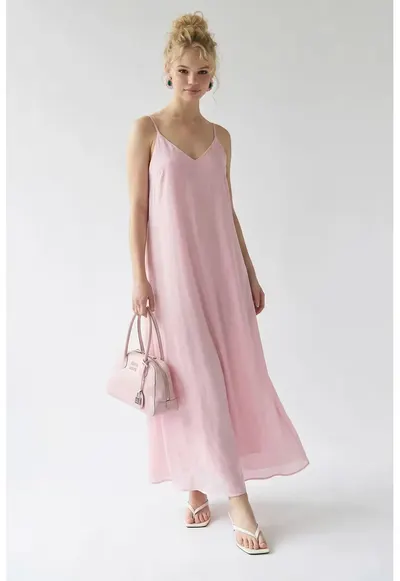 Rochie Maxi - Fara maneci - Decolteu in V - Roz Pudra - Casual