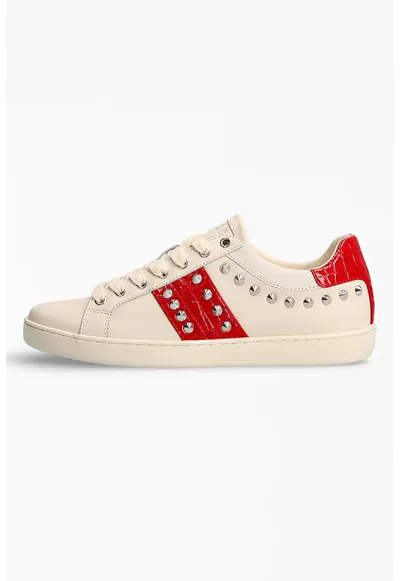 Pantofi sport de piele ecologica cu aplicatii de tinte - Rosu/Alb murdar