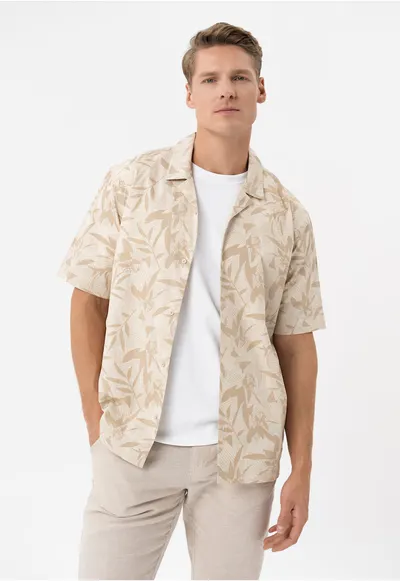 Camasa barbati din bumbac cu model floral - maneci scurte - Comfort Fit - C-Stim - bej - Bej