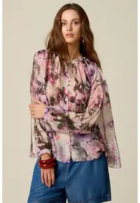 Bluza lejera din amestec de matase cu model floral - Violet/Roz
