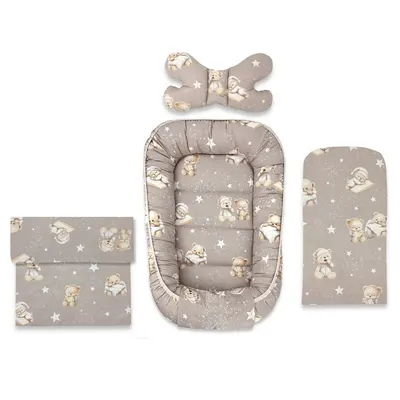 Set 4 in 1 Cosulet bebelus, MimiNu, Baby Cocoon 75x55 cm, Husa bumbac, Din bumbac certificat Oeko Tex Standard 100, Cu paturica 50x70 cm, Cu salteluta, Cu perna fluture, Bedtime story beige