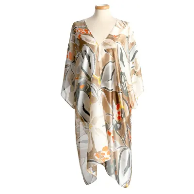 Poncho cu imprimeu floral abstract in nuante naturale