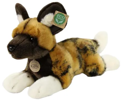 Jucărie de pluș Rappa Eco Friends - Câine sălbatic african culcat, 34 cm