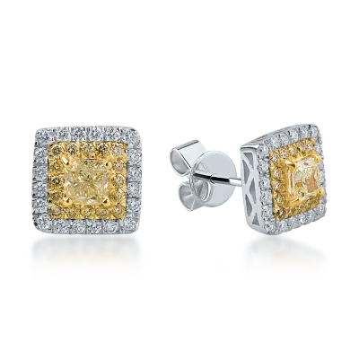 Cercei din aur alb-galben cu diamante galbene si incolore de 1.31ct taietura cushion si round
