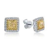 Cercei din aur alb-galben cu diamante galbene si incolore de 1.31ct taietura cushion si round