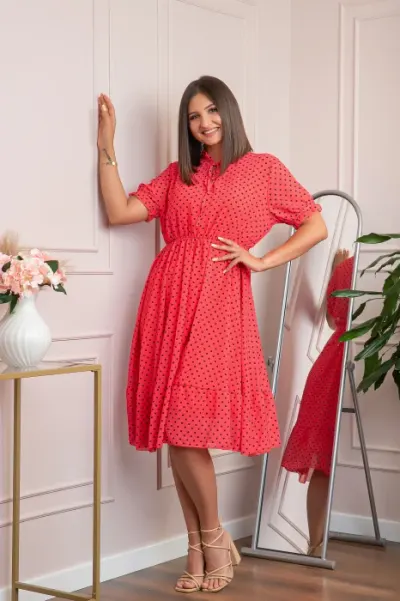 Rochie retro corai Brenda cu buline si maneci bufante