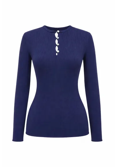 Pulover dama guler rotund - detalii nasturi - albastru marin - 100% poliester