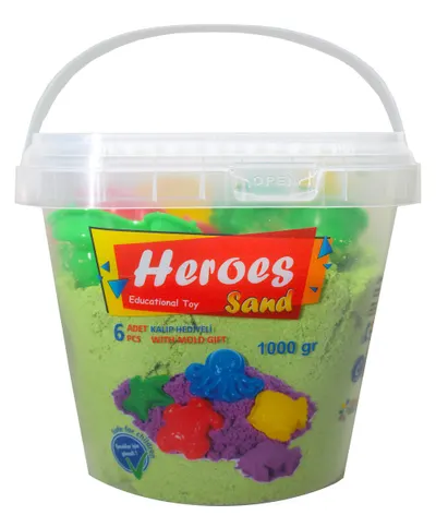 Nisip de joacă în găleată Heroes - Culoare verde cu 6 figurine, 1000 g.