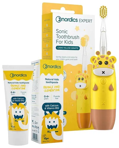 Nordics Set - Periuță de dinți sonică pentru copii Giraffe, galbenă + Pastă de dinți pentru copii, 50 ml