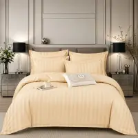 Lenjerie HoReCa, pat dublu, Damasc Finetat Deluxe cu Elastic, 6 piese, Crem