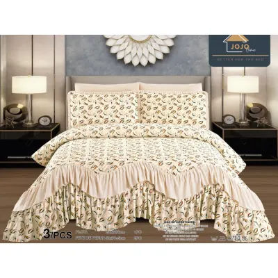 Cuvertura pat dublu, 3 piese, Bumbac Finet, 220x270cm, cu volanase, Jojo Home, Bej, flori