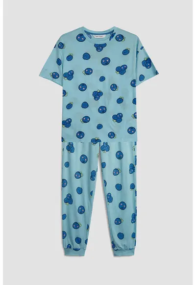 Pijama din bumbac cu model cu fructe - Albastru royal/Albastru deschis