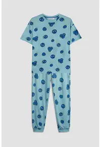 Pijama din bumbac cu model cu fructe - Albastru royal/Albastru deschis