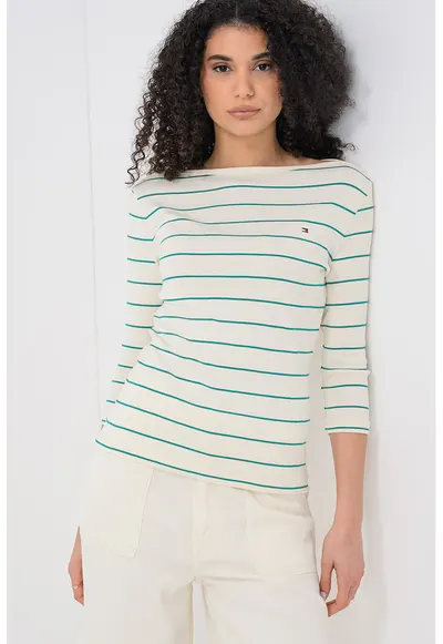 Bluza slim fit de bumbac cu maneci trei sferturi - Verde/Alb murdar