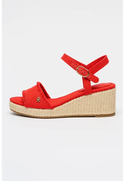 Sandale din material textil cu talpa wedge si franjuri - Auriu/Rosu vermillion
