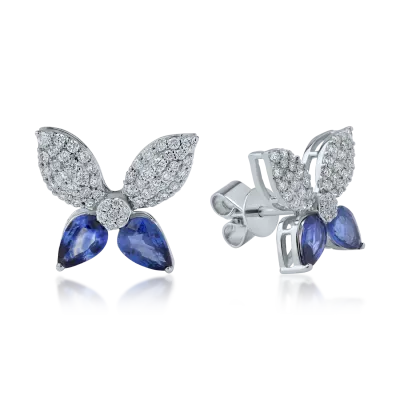 Cercei floare din aur alb cu safire pear de 1.86ct si diamante de 0.6ct