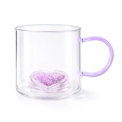 Cană cu model 3D inimioară mov, pereți dubli, sticlă borosilicată și inserție de sclipici, 300 ml, Aurora Glow