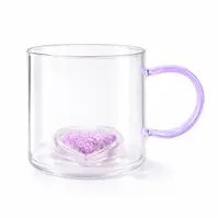 Cană cu model 3D inimioară mov, pereți dubli, sticlă borosilicată și inserție de sclipici, 300 ml, Aurora Glow