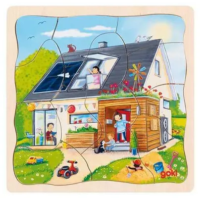 Puzzle din lemn cu mai multe straturi Goki - Construim o casă, 35 piese