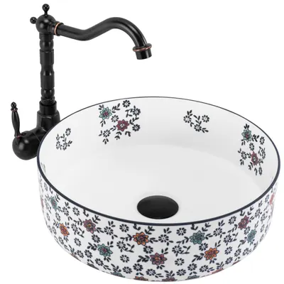 Lavoar cu montare pe balt 36 cm cu model floral multicolor, rotund, Rea Stefania Fiori