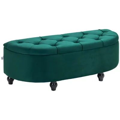 HOMCOM Pouf de Depozitare cu Capac 2 în 1 - Pouf Tapitat în Formă de Semicerc - Picioare Lemn hevea Negru acoperire Catifea verde | Aosom Romania