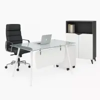 Set Glassy &amp; Qualia - Birou cu blat din sticla, scaun ergonomic și comoda de depozitare