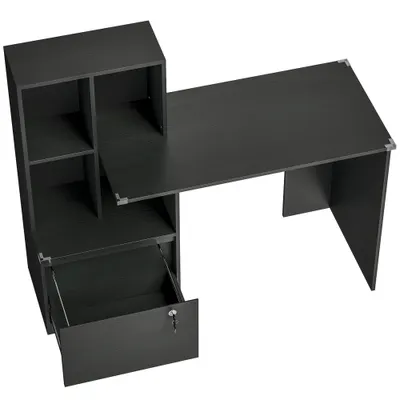 HOMCOM Birou pentru calculator cu bibliotecă 4 compartimente și sertar blocabil, 126 x 50 x 109 cm, negru | Aosom Romania
