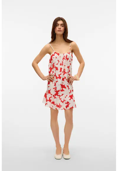 Rochie mini cu model floral si terminatie cu volane - Rosu/Alb