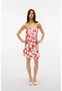 Rochie mini cu model floral si terminatie cu volane - Rosu/Alb